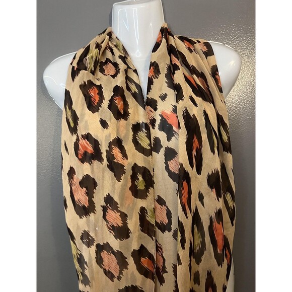 Leopard Print Scarf Womens One Size Beige Brown Orange Silk Blend Sheer - Picture 2 of 6